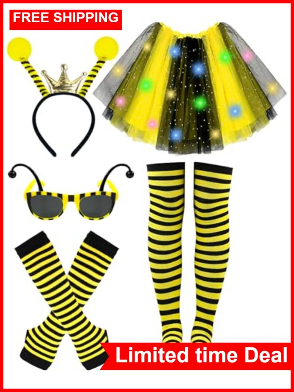 LED Bee Tutu Skirt, Antenna Headband, Cuffs & Socks Set